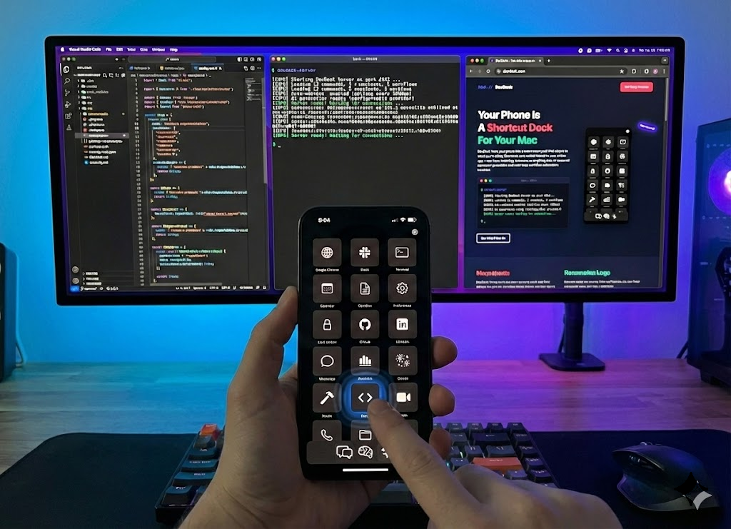 DevDeck running on an iPhone in front of a Mac setup